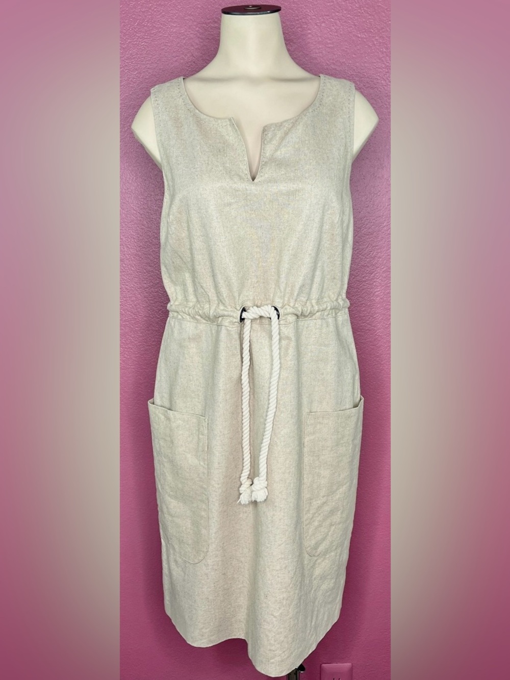 Maeve Linen Cotton Nautical Dress Sandy Beige With Gold Shimmer Threads